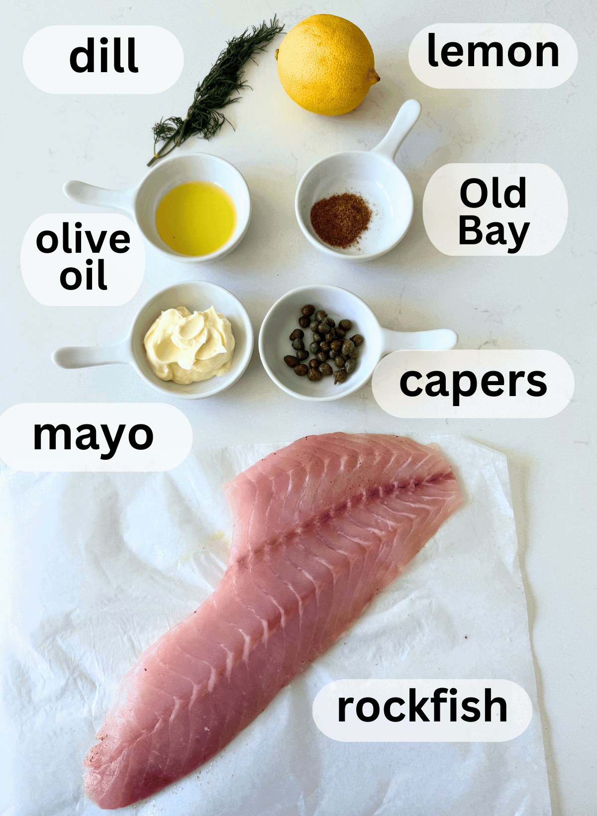 labeled ingredients for rockfish salad