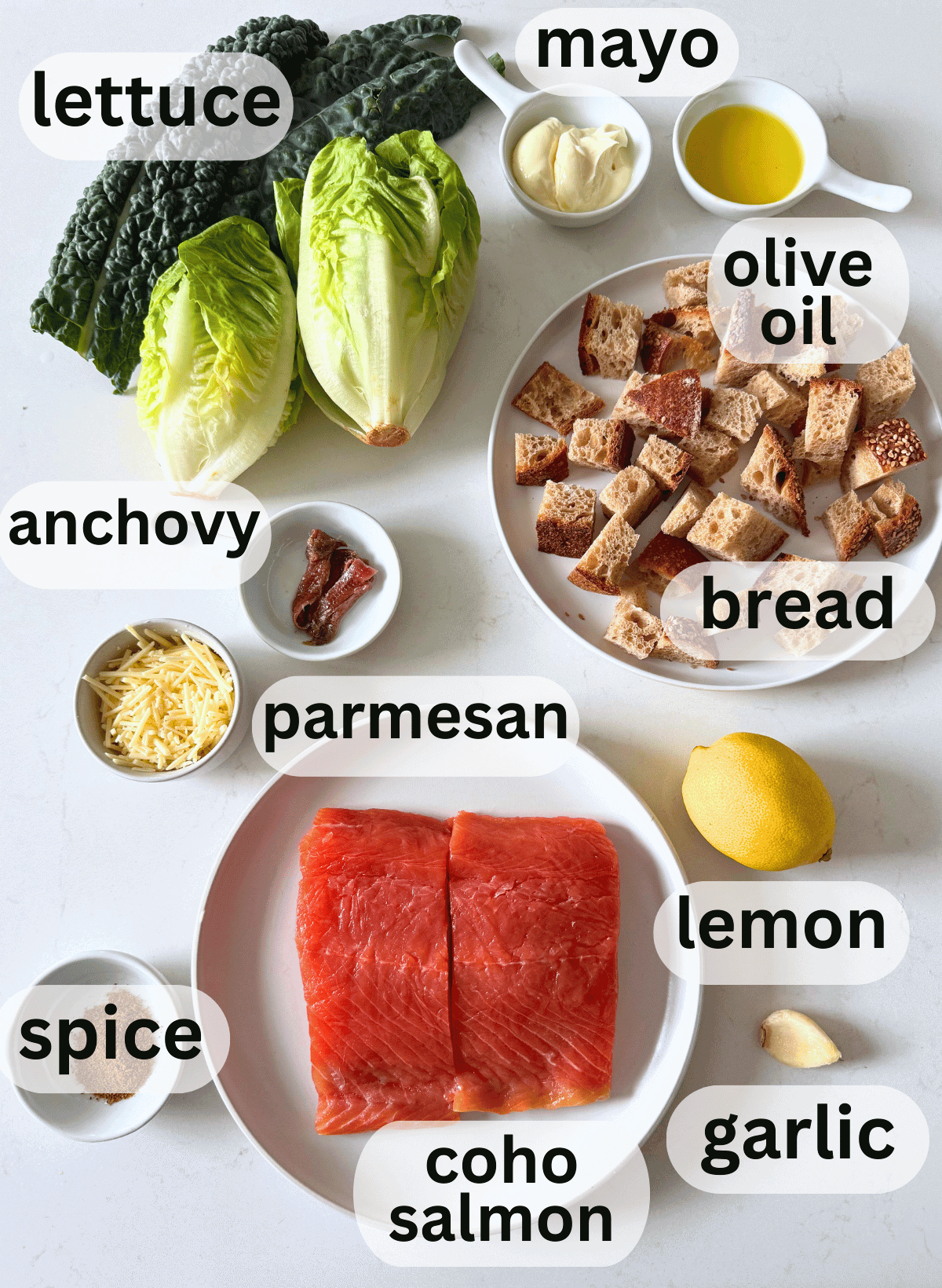 labeled ingredients for coho salmon caesar salad