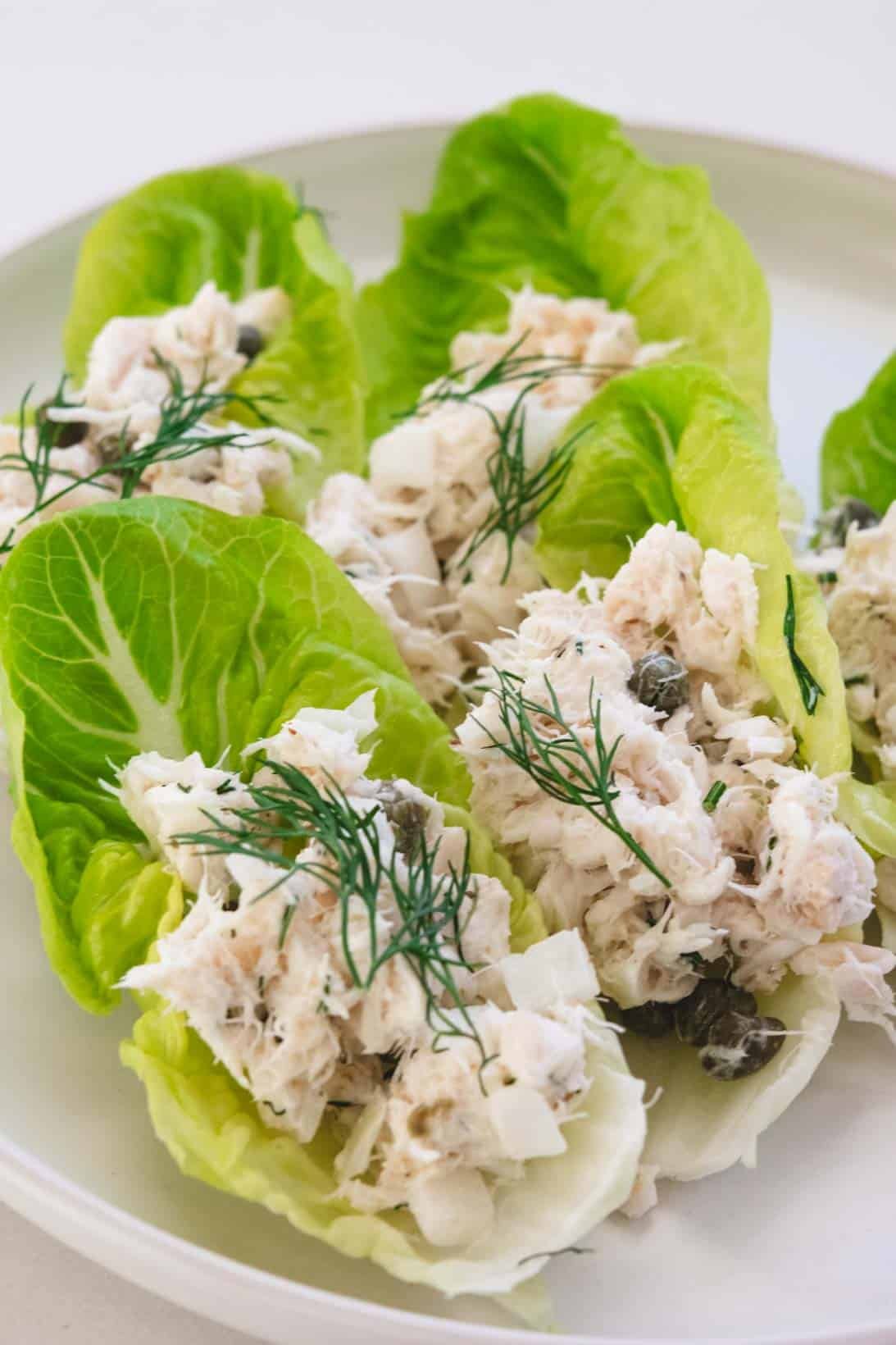rockfish salad with dill sprig garnish in lettuce leaves on a white round plate