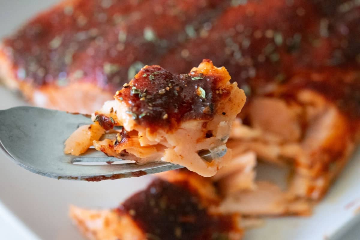 forkful of salmon cooked with homemade trader joe's salmon rub